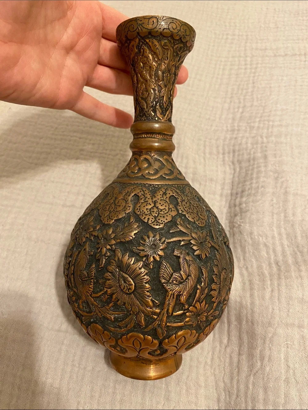 Ornate Bronze-Tone Floral Embossed Vase - Brown
